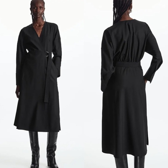COS Dresses & Skirts - COS NWOT Wool Black V-neck Long Sleeve Wrap Midi Dress M (8)